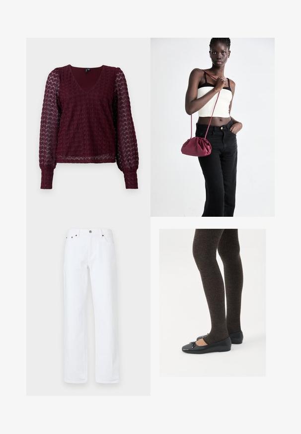 Burgunderfarbene Spitzenbluse mit langen Ärmeln, V-Ausschnitt, puffigen, durchsichtigen Ärmeln und strukturiertem geometrischem Muster auf dem Körper und den Ärmeln.; Weiße Jeans bestehen aus entspanntem Schnitt mit geradem Bein, fünf Taschen, Knopfverschluss vorne und Nieten in Kupfertönen.; Schwarze flache Schuhe mit einem kleinen Schleifendetail an der Zehe, kombiniert mit dunkelbraunen gerippten Strumpfhosen. Die Schuhe haben eine glatte Textur und ein niedriges Profil.; Burgunderfarbene Handtasche aus weichem Stoff mit gerafftem Design und langem Trageriemen, quer über den Körper getragen. Das Modell trägt ein weißes Crop-Top und schwarze Jeans.