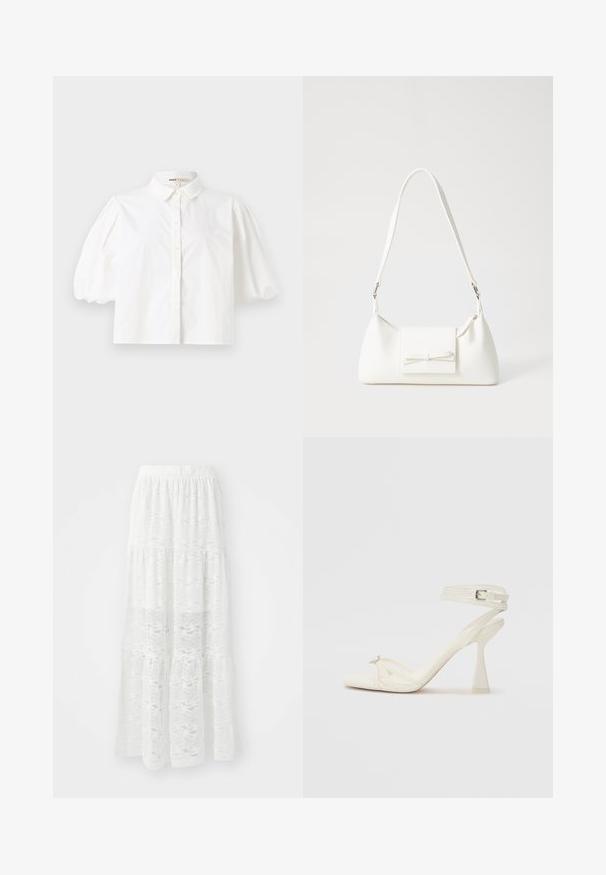 Hvid skjorte med korte puffærmer, knappet fortil og en glat stoftekstur. Lige kant uden synlige mønstre eller accenter.; Hvid lagdelt maxi nederdel lavet af blonderstof, med et bølget mønster og elastisk talje. Let og svajende design, ideelt til varmt vejr.; Sandal med høj hæl i hvid læder med et elegant design, en transparent blokhæl og et dekorativt element ved tåen.; Hvid syntetisk håndtaske med en trekantet form, flad forsideklap og sløjfedetalje, justerbar strop, glat tekstur og minimalistisk design.