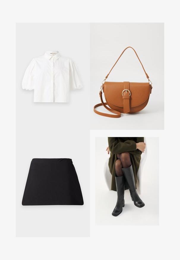 Hvit skjorte med kort pufferm, knappelukking foran og glatt stoffstruktur. Rett hem med ingen synlige mønstre eller detaljer.; Svart trapesformet stoffdeksel med jevn tekstur, sømløst design og ingen synlig maskinvare. Forenklet form som er egnet for flere bruksområder.; Knæhøye sorte lærstøvler med firkantet tå og blokkhelt, vist med en modell som sitter iført en olivengrønn kåpe. Glatt tekstur, minimal detaljering.; Brun lærcrossbody-veske med en buet form, gullhardware og et spenneakcent. Har en avtakbar skulderreim.