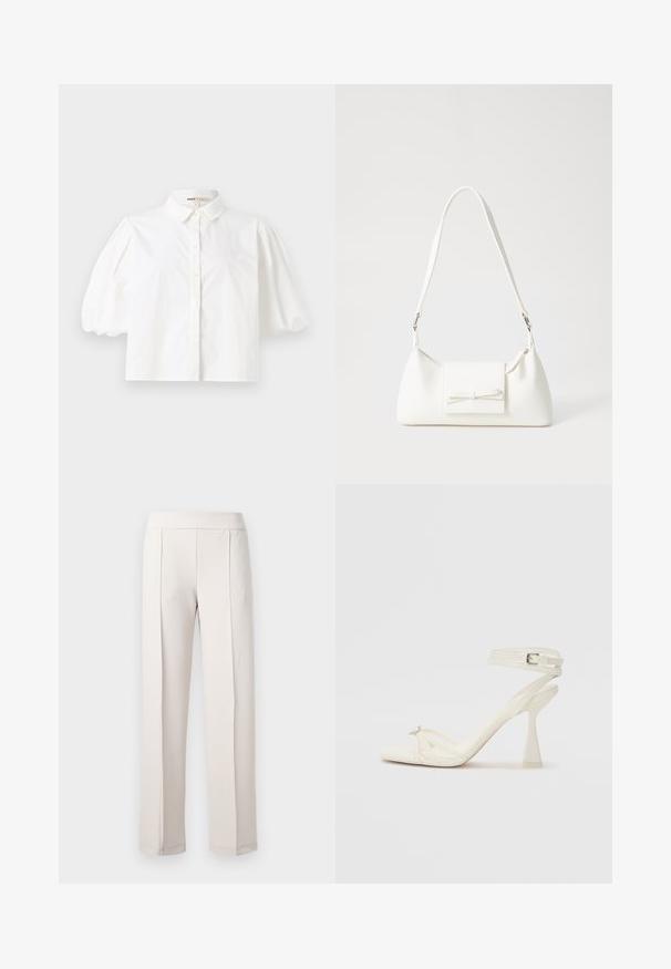 Camisa branca de colarinho com mangas curtas em balão, frente com botões e textura de tecido suave. Barra reta sem padrões ou acentos visíveis.; Calças largas de tom bege claro, feitas de tecido liso, com uma cintura alta, duas pregas frontais e um acabamento limpo e bem ajustado.; Sandal de salto alto com tiras em couro branco, com um design elegante, um salto bloco transparente e um elemento decorativo na ponta.; Mala sintética branca com formato triangular, aba frontal plana e detalhe de laço, alça ajustável, textura suave e design minimalista.