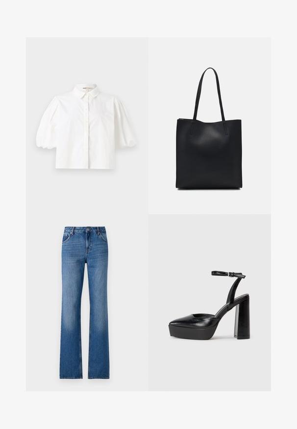 Camisa blanca de cuello con mangas cortas abullonadas, cierre frontal con botones y textura de tela lisa. Dobladillo recto sin patrones ni acentos visibles.; Jeans de mezclilla de tiro flaco en azul claro con diseño de cinco bolsillos, cierre de botón y textura ligeramente descolorida. Abertura de pierna ancha distintiva.; Zapatos de tacón negro con punta afilada y correa ajustable en el tobillo. Confeccionados en cuero suave, presentan un tacón grueso.; Bolso tote de cuero negro con textura lisa, forma rectangular y dos asas largas. Sin herrajes ni adornos visibles.
