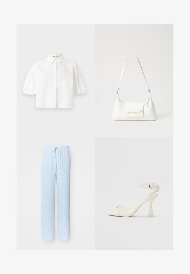 Balta marškiniai su trumpomis pūstomis rankovėmis, mygtukų užsegimu ir lygiu audinio paviršiumi. Tiesi apdaila be matomų raštų ar akcentų.; Šviesiai mėlynos, laisvai krentančios kelnės su elastinga juosta ir reguliuojama raišteliu; pagamintos iš minkštos, kvėpuojančios medžiagos, pasižyminčios lygia tekstūra.; Baltos odinės aukštakulnės sandalai su dirželiais, elegantiško dizaino, skaidriu blokiniu kulnu ir dekoratyviu elementu ant piršto.; Balta sintetinė rankinė trikampio formos, plokščiu priekiu su užsegimu, kaspino detale, reguliuojama dirželiu, lygia tekstūra ir minimalistišku dizainu.