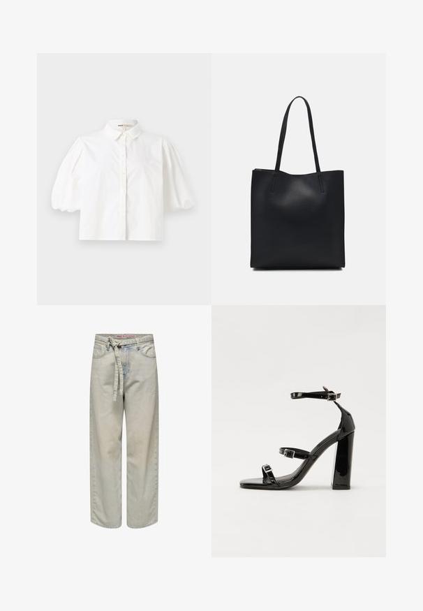 White collared shirt with short puff sleeves, button-down front, and smooth fabric texture. Straight hem with no visible patterns or accents.; Light blue wide-leg jeans with a belted waist, featuring a distressed detail and classic five-pocket design, made from denim fabric.; Black patent heeled sandals with a square toe, ankle straps, and silver buckles. Features a chunky block heel for stability.; Black leather tote bag with smooth texture, rectangular shape, and two long handles. No visible hardware or embellishments.