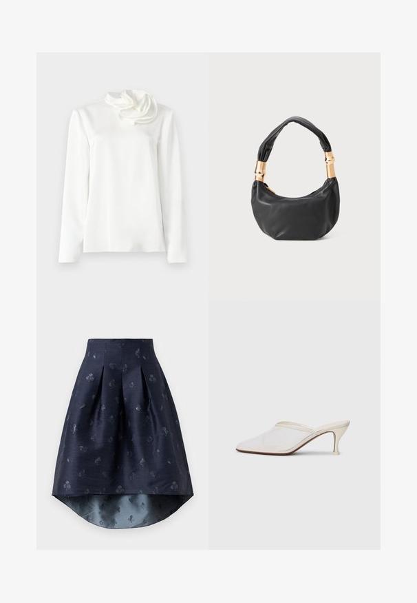 Bluză albă cu mânecă lungă, guler înalt și un detaliu mare din țesătură sub formă de floare pe umărul stâng, pe un fundal simplu.; Fustă albastră închis cu tăietură asimetrică, cu pliseuri și un subtil model de simboluri de jocuri de cărți, dintr-un material ușor strălucitor.; Mule alb cu plasă, cu vârf ascuțit, toc subțire de înălțime medie și design slip-on, pe un fundal simplu.; Geantă de mână din piele neagră, cu o formă rotundă, textură moale și un mâner legat, având accente din metal auriu. Închidere cu fermoar.