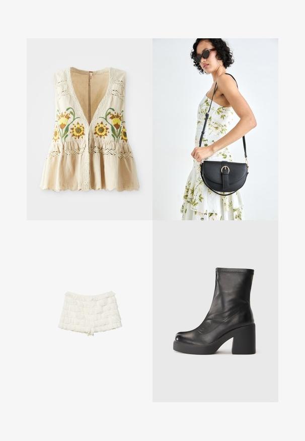 Beige sleeveless blouse with floral embroidery in yellow and green, lace accents on shoulders, and a ruffled hemline. V-neck design.; Stradivarius Shorts - white; Black mid-calf leather boot with chunky block heel and platform sole on a plain white background.; Black leather handbag with a curved shape, detachable strap, and gold hardware. The bag features a flap with a buckle detail.