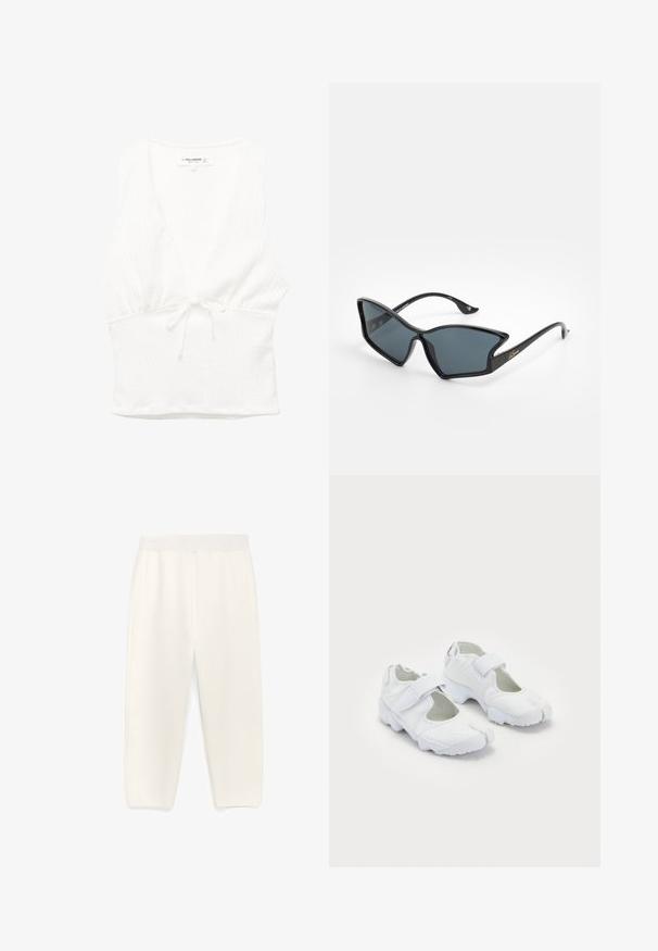 White sleeveless top with a V-neck, textured fabric, and a tied waist. Smooth hem and casual design, suitable for warm weather.; White, wide-leg trousers made from a smooth fabric. Features a soft waistband and side pockets, with a clean, minimalist design.; White athletic shoes featuring a textured upper, adjustable Velcro strap, rounded toe, and a chunky sole with distinct tread pattern.; Black plastic sunglasses with a geometric cat-eye shape, grey lenses, and gold accents on the arms. Smooth texture throughout the frame.
