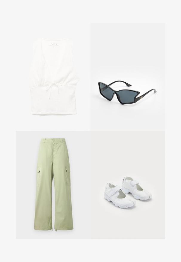 Witte mouwloze top met een V-hals, gestructureerde stof en een strik in de taille. Gladde zoom en casual ontwerp, geschikt voor warm weer.; Lichtgroene cargobroek met wijde pijpen, gemaakt van katoen. Bevat twee zijzakken en een knoopsluiting. Soepele textuur en casual ontwerp.; Witte sportieve schoenen met een gestructureerde bovenkant, verstelbare klittenbandsluiting, ronde neus en een stevige zool met een opvallend profiel.; Zwarte plastic zonnebril met een geometrische cat-eye vorm, grijze lenzen en gouden accenten op de pootjes. Het hele montuur heeft een gladde textuur.