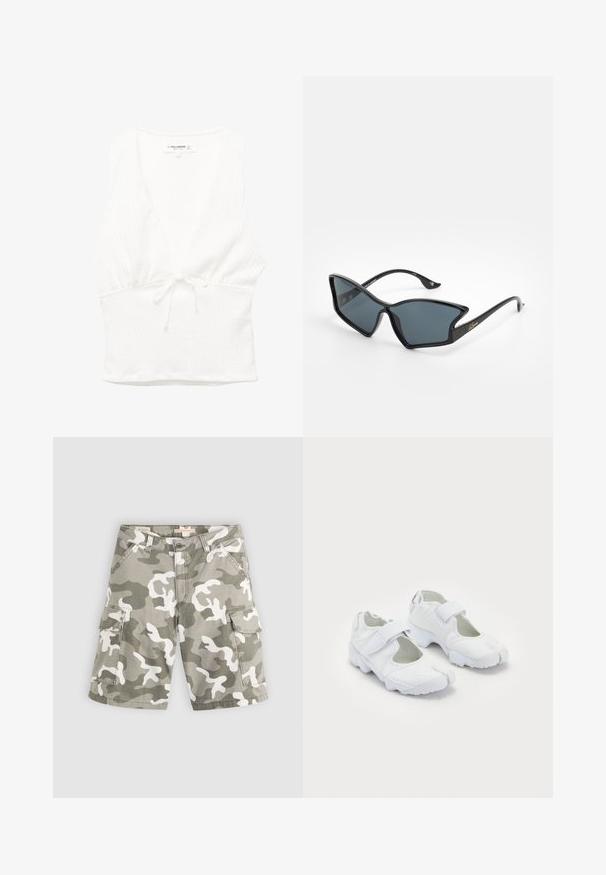 Biely bezrukávový top s výstrihom do V, textúrovanou tkaninou a viazaným pásom. Hladký lem a pohodlný dizajn, vhodný na teplé počasie.; Levi's® BAGGY DAD CARGO SHORT - Denimové šortky - bader camo agate gray; Biele športové topánky s textúrovaným zvrškom, nastaviteľným suchým zipsom, okrúhlou špičkou a robustnou podrážkou so zreteľným vzorom.; Čierne plastové slnečné okuliare s geometrijským tvarom mačacích očí, šedé šošovky a zlaté akcenty na ramenách. Hladká textúra po celom ráme.