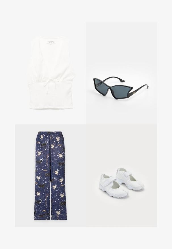 Bela brezrokavnica z V-izrezom, teksturirano blago in zvezanim pasom. Gladek rob in sproščen dizajn, primeren za tople vremenske razmere.; Mornarske pižamaste hlače z elastičnim pasom, ki imajo zabaven vzorec enorogov, konstelacij in nebesnih elementov v barvitih odtenkih.; Bela športna obutev z teksturiranim zgornjim delom, nastavljivim Velcro trakom, zaobljenim prstom in masivnim podplatom z izrazitim profilom.; Črne plastične sončne očala z geometrijsko obliko mačjih oči, s sivimi lečami in zlatimi detajli na ročajih. Gladka tekstura celotnega okvirja.