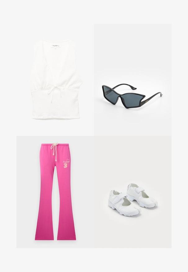 Fehér ujjatlan felső V-nyakkal, texturált anyagból, megkötős derékrésszel. Simább aljú és laza kialakítás, meleg időjárásra alkalmas.; Rózsaszín, bő szárú melegítőnadrág húzózsinórral a derékrészén, puha tapintású anyaggal és hímzett mintával a bal oldalon.; Fehér sportcipők, amelyek texturált felsőrésszel, állítható tépőzárral, lekerekített orrral és jellegzetes mintázatú vastag talppal rendelkeznek.; Fekete műanyag napszemüveg, geometrikus macskaszem formával, szürke lencsékkel és arany díszítéssel a szárakon. Az egész keret sima tapintású.