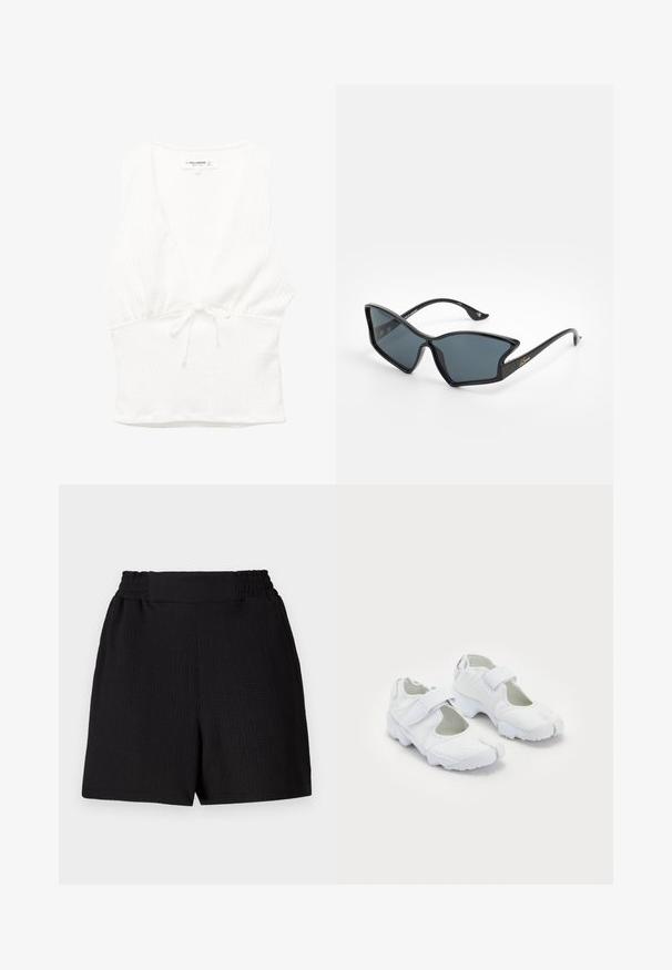 Haut sans manches blanc avec un décolleté en V, en tissu texturé et taille nouée. Ourlet lisse et design décontracté, adapté aux temps chauds.; Shorts noirs en tissu texturé, avec une taille élastique et une coupe droite. Présente un design épuré sans accents ni motifs supplémentaires.; Baskets blanches de sport avec une tige texturée, une sangle Velcro réglable, un bout arrondi et une semelle épaisse avec un motif de crampons distinct.; Lunettes de soleil en plastique noir avec une forme géométrique d'yeux de chat, verres gris et accents dorés sur les branches. Texture lisse sur l'ensemble de la monture.