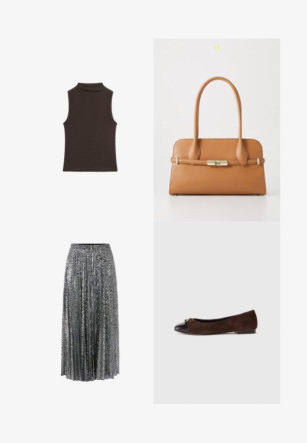 Haut sans manches brun avec un col montant, texture lisse, design ajusté et bords nets, idéal pour le superposition ou une tenue décontractée.; Jupe argentée à sequins, design plissé, taille élastique, longueur au sol, texture réfléchissante et détails scintillants sur toute sa surface.; Ballerines en daim marron avec un capuchon en cuir laqué marron foncé et un petit nœud décoratif à l'avant. Talon plat.; Sac à main en cuir tan avec un design structuré, deux poignées et un détail de verrou en ton or. Texture lisse avec des coins arrondis.