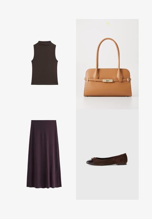 Bruine mouwloze top met een hoge hals, gladde textuur, een strakke pasvorm en schone randen, geschikt voor het laagjes dragen of casual gebruik.; Paarse rok van gladde stof, met een A-lijn silhouet en een lengte tot de knie, zonder zichtbare patronen of sluitingen.; Bruine suède balletschoenen met een glanzend donkerbruin patenten leren neuskap en een kleine strikaccent aan de voorkant. Platte hak.; Tanaslederen handtas met een gestructureerd ontwerp, dubbele handvaten en een gouden sluiting. Glad oppervlak met afgeronde hoeken.