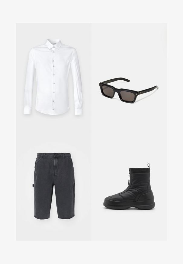 White long-sleeve shirt made of smooth cotton, featuring a classic collar and button-down front with matching buttons.; Dark denim cargo shorts with a straight cut, featuring side pockets, visible stitching, and a raw hem. Durable, lightweight fabric.; Black waterproof snow boot with a smooth synthetic upper, zip closure, padded collar, and textured rubber sole. Accented with "MOON BOOT" branding.; Black rectangular sunglasses with dark lenses, thick plastic frame, gold accents on temples, and brand logo engraved on the arm.