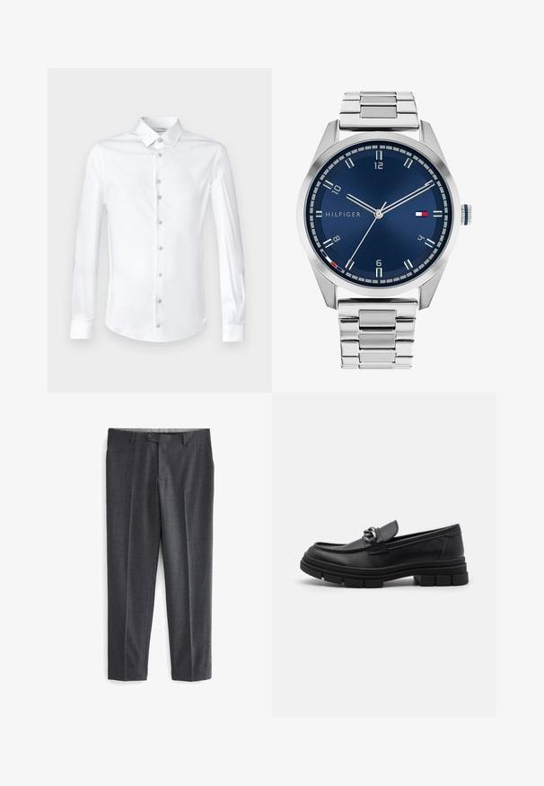 Biała koszula z długim rękawem wykonana z gładkiej bawełny, z klasycznym kołnierzykiem i zapięciem na guziki z dopasowanymi guzikami.; Szare spodnie o dopasowanym kroju z teksturowanym wzorem, dwiema przednimi kieszeniami, szlufkami na pasek oraz pojedynczym zapięciem na guzik w talii.; Czarne skórzane półbuty z okrągłym noskiem, dekoracyjnym paskiem i elementami metalowymi oraz grubą, fakturowaną podeszwą. Gładkie wykończenie z subtelnymi detalami.; Srebrny zegarek metalowy z satynową niebieską tarczą, białymi znacznikami godzin oraz wyświetlaczem daty. Posiada ogniwowy metalowy pasek i logo marki.; Srebrny naszyjnik łańcuszkowy z grubymi ogniwami i centralnym okrągłym wisiorkiem z misternym wzorem. Gładka, lustrzana powierzchnia metalu.