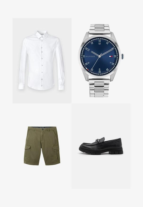 Weißes Langarmhemd aus glattem Baumwollstoff, mit klassischem Kragen und durchgehender Knopfleiste mit passenden Knöpfen.; Olivgrüne Cargo-Shorts aus Baumwollmischung, mit zwei Seitentaschen und zwei Cargotaschen, Knopfverschluss und Gürtelschlaufen.; Schwarzer Lederloafer mit runder Zehenform, einem dekorativen Riemen und Hardware sowie einer robusten, strukturierten Sohle. Glatte Oberfläche mit dezenten Details.; Silberne Metall-Uhr mit einem gebürsteten blauen Zifferblatt, weißen Stundenmarkierungen und einem Datumsanzeiger. Verfügt über ein verlinktes Metallarmband und ein Markenlogo.; Silberne Halskette mit dicken Gliedern und einem zentralen runden Anhänger mit filigranen Details. Glatte, reflektierende Metalloberfläche.