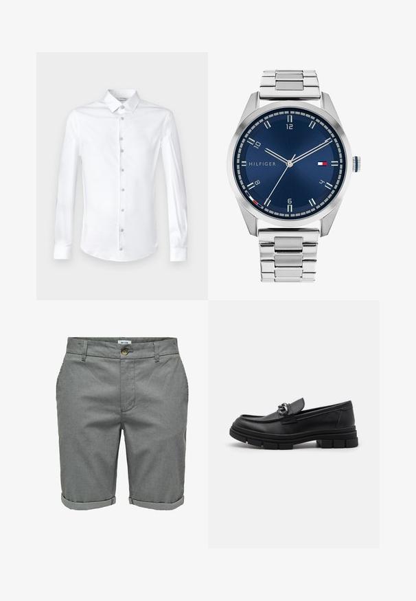 Hvid langærmet skjorte lavet af glat bomuld, med klassisk krave og knap-down front med matchende knapper.; Grå shorts lavet af tekstureret stof, med knaplukning, sidelommer og opfoldede manchetter for et skræddersyet look.; Sort læderloafer med rund tå, en dekorativ rem og hardware, samt en chunky tekstureret sål. Glat finish med subtile detaljer.; Sølvmetal ur med en børstet blå urskive, hvide timemarkører og en datovisning. Har et sammenkædet metalarmbånd og brandlogo.; Sølv kædedyse med tykke led og et centralt cirkulært vedhæng med indviklet detaljering. Glat, reflekterende metaloverflade.