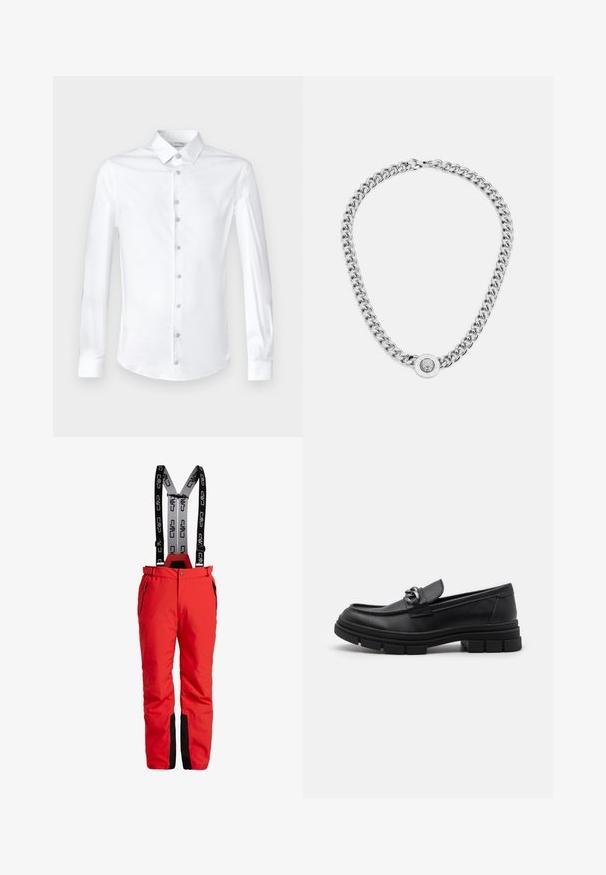 Biela košeľa s dlhým rukávom z hladkej bavlny, s klasickým golierom a zapínaním na gombíky s podfarbenými gombíkmi.; Červené lyžiarske nohavice s nastaviteľnými čiernymi traky so symbolom. Obsahujú zipsové vrecká a čierne akcenty na koncoch. Nepremokavý materiál.; Čierne kožené mokasíny s okrúhlym špičkou, dekoračným pásikom a kovovými prvkami, a robustnou textúrovanou podrážkou. Hladký povrch s jemnými detailami.; Strieborný náhrdelník s reťazou, ktorý má hrubé články a centrálny kruhový pendant s zložitými detailmi. Hladký, odrazový povrch z kovu.