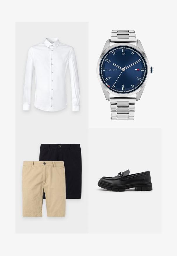 White long-sleeve shirt made of smooth cotton, featuring a classic collar and button-down front with matching buttons.; Two pairs of shorts, one khaki and one black, made of cotton. Both feature a button, flat front, and are knee-length in design.; Black leather loafer with a rounded toe, a decorative strap and hardware, and a chunky textured sole. Smooth finish with subtle detailing.; Silver metal watch with a brushed blue dial, white hour markers, and a date display. Features a linked metallic band and brand logo.; Silver chain necklace featuring thick links and a central circular pendant with intricate detailing. Smooth, reflective metal surface.