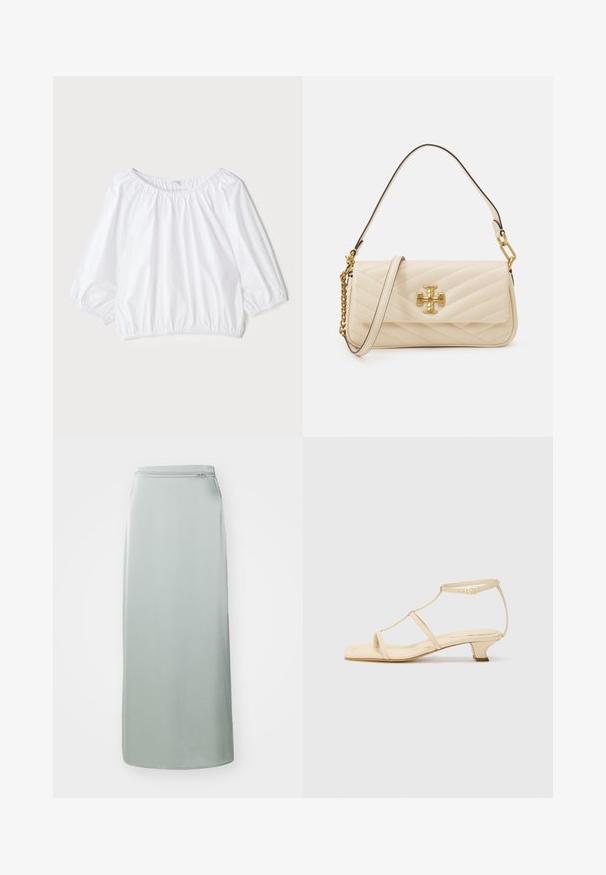 Blusa bianca leggera con scollatura rotonda, maniche a sbuffo a tre quarti e vita elasticizzata, caratterizzata da una trama liscia e lucida.; Gonna lunga di colore verde chiaro realizzata in un tessuto morbido. Presenta un taglio dritto con una cerniera nascosta in vita. Design minimalista, senza motivi o dettagli.; Sandali con tacco color beige, design a T-strap, punta quadrata, cinturino alla caviglia regolabile e tacco basso a blocco. Materiale in pelle liscia.; Borsa a tracolla crema trapuntata con un accento del logo dorato, dotata di una tracolla in catena e pelle. Design strutturato e texture liscia con cuciture diagonali.