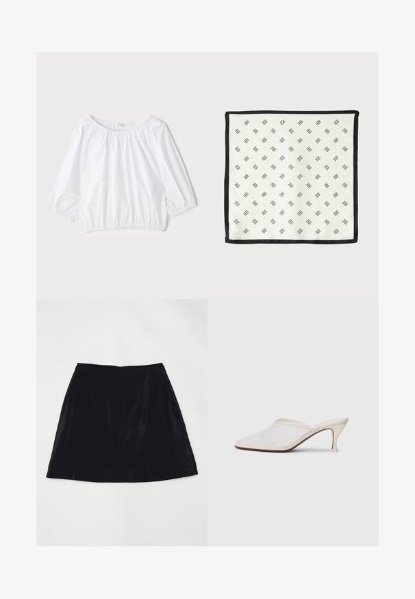 Bílá, lehká blůza s kulatým výstřihem, tříčtvrtečními nadýchanými rukávy a elastickým pasem, s hladkou, lesklou texturou.; Černá áčková sukně z sametu, která má hladký povrch a nenápadný zadní zip. Jednoduchý design bez viditelných vzorů nebo akcentů.; Bílé síťované psací muly s špičatou špičkou, štíhlým středně vysokým podpatkem a designem na nazouvání na jednobarevném pozadí.; Bílý hedvábný šátek se opakujícím se černým geometrickým vzorem, lemovaný pevným černým okrajem. Lehký s hladkým povrchem.
