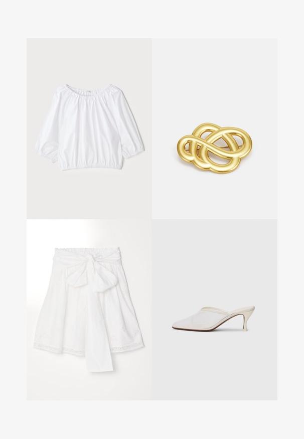 Blouse blanche légère avec un col rond, des manches bouffantes trois-quarts et une taille élastiquée, présentant une texture lisse et brillante.; Erdem SKIRT WITH GATHERED WASIT - Jupe trapèze - white; Mule blanches en mesh avec un bout pointu, un talon moyen élancé et un design à enfiler, sur un fond uni.; Broche doré présentant un design noué avec des lignes lisses et courbées, et une forme complexe, reflétant une finition polie.