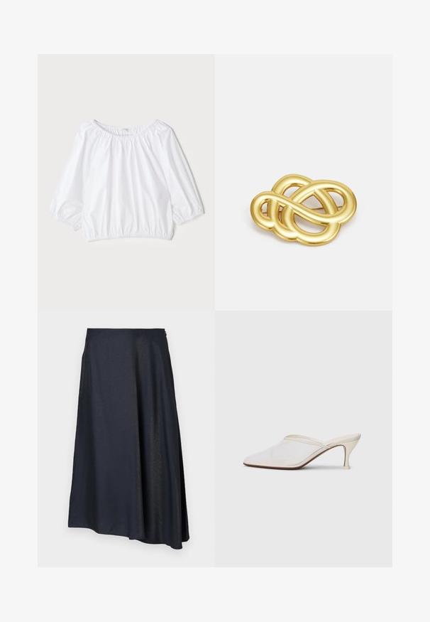 White, lightweight blouse with a round neckline, three-quarter puff sleeves, and elasticized waist, featuring a smooth, shiny texture.; Dark navy midi skirt made of smooth, slightly stretchy fabric. Features a flared shape and an invisible zip closure on the side.; White mesh pointed-toe mule with a slim mid-height heel and slip-on design against a plain background.; Gold-tone brooch featuring a knotted design with smooth, curved lines and an intricate shape, reflecting a polished finish.