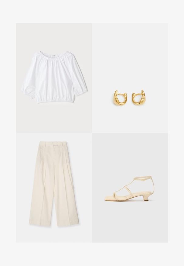 Biela, ľahká blúzka s okrúhlym výstrihom, zloženými tromi štvrtinami rukávmi a elastickým pásom, s hladkou, lesklou textúrou.; Široké nohavice z textúrovaného krémového materiálu. Majú vysoký pás s záhybmi, pútka na opasok a čistý, minimalistický dizajn.; Béžové sandále na podpätku s dizajnom T-popruhu, štvorcovou špičkou, nastaviteľným členkovým remienkom a nízkym blokovým podpätkom. Hladký kožený materiál.; Zlaté kruhové náušnice s hladkým, zaobleným dizajnom a lesklým povrchom. Náušnice majú kompaktný, hrubý tvar a bezšvíkovú sponu.