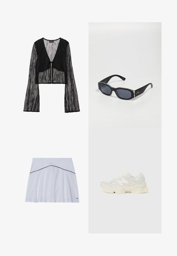 Zwart cropped top gemaakt van doorzichtig mesh materiaal. Heeft een striksluiting aan de voorkant en lange klokmouwen met een textuurpatroon.; Witte sportrok met een uitlopende zoom, met een marineblauwe accentlijn rond de taille en een logo in de rechteronderhoek.; Lichte sneaker met een bovenwerk van mesh en suede in zachte crèmekleuren, met een chunky zool en driedimensionale accenten.; Zwarte zonnebril met een robuuste vorm, donkere lenzen en glanzende accenten op het montuur. Zilverkleurige hardwaredetails nabij de slaap.