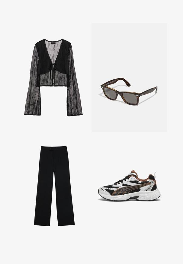 Fekete, rövidített topp, átlátszó hálós anyagból. Elöl megkötős záródással rendelkezik, és hosszú, harangujjakkal, amelyek textúrázott mintázattal bírnak.; Fekete, bő szárú nadrág sima anyagból, elülső gombzárral és két pliszírozással a részletek hangsúlyozásáért. Összességében szabott dizájn.; Fekete-fehér sportcipők hálós oldalrészsel, fényvisszaverő ezüst részletekkel és barna díszítéssel. Texturált talppal és fűzős dizájnnal rendelkezik.; Tortminta napszemüveg szürke lencsékkel és négyzet alakú kerettel, fémes díszítésekkel a szárakon és logóval a dizájnban.