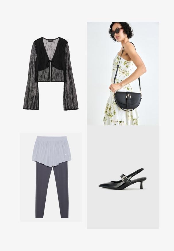 Top cropped preto feito de tecido de malha transparente. Apresenta um fecho atado na frente e mangas compridas em forma de sino com um padrão texturizado.; Calções desportivos cinza claro com uma cintura elástica sobre calças legging cinza escuro. Ambos os materiais são suaves, elásticos e ajustados.; Saltos slingback em verniz preto com bico pontiagudo e um pequeno salto bloco, apresentando um detalhe de fivela prateada na tira.; Bolsa de couro preta com forma curva, alça destacável e detalhes em dourado. A bolsa possui uma aba com detalhe de fivela.