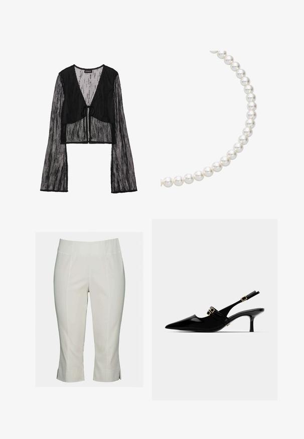 Top corto negro hecho de tela de malla transparente. Cuenta con un cierre de lazo en la parte delantera y mangas largas acampanadas con un patrón texturizado.; Pantalones cortos blancos confeccionados en una tela suave, con una cinturilla plana, costuras frontales y aberturas laterales en el dobladillo para un detalle adicional.; Tacones slingback de charol negro con punta afilada, que cuentan con dobles hebillas doradas y un fino tacón de aguja.; Collar de perlas que presenta perlas blancas redondas y lustrosas ensartadas, mostrando una superficie lisa y una forma esférica consistente.