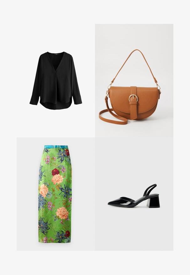 Zwarte blouse met lange mouwen van gladde stof en een V-hals ontwerp. Heeft een ontspannen pasvorm en een gebogen zoom voor extra detail.; Bloemrijke midi-rok van groene satin, met kleurrijke bloesems in roze, blauw en rood. Afgewerkt met een teal tailleband en intrigerende patronen.; Zwarte gepatineerde leren slingback hakken met een spitse neus en een geometrische blokhak. Kenmerkt zich door een slank, minimalistisch ontwerp en een gladde textuur.; Bruine leren schoudertas met een gebogen vorm, gouden hardware en een gespaccent. Bevat een afneembare schouderriem.
