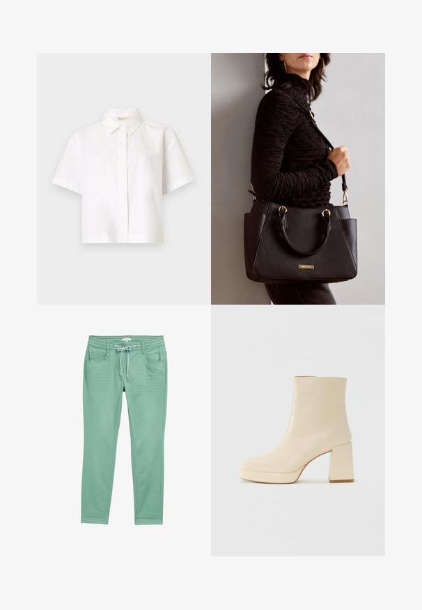 Bijela košulja s kratkim rukavima i dugmadi, izrađena od glatkog, laganog materijala; ima klasičan ovratnik i ravni kroj bez dodatnih uzoraka.; Hlače u boji mente izrađene od mekog materijala, s pojasom na vezanje, dva prednja džepa i suptilnim detaljima šivanja uz bočne šavove.; Bež kožne gležnjače s blok petom i platformom, glatke površine, i lagano kvadratnim vrhom, okrenute lijevo na bijeloj pozadini.; Crna torba s teksturiranom površinom, dvostrukim gornjim ručkama i podesivom remenom za rame. Ima zlatne metalne detalje i bočne džepove.