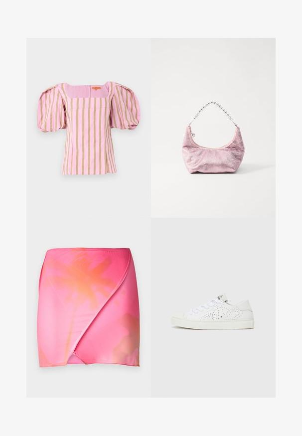 Stine Goya SOFT WEAVE BLOUSON SLEEVE - Pluus - wallpaper; Roosa gradientiga ümber seelik, millel on sile ja veniv kangas, ombre-efektiga, mis ulatub erksast roosast pehme oranžini. Lihtne vöökoha disain.; Valged madalal nii, kus on perforatsiooni muster, lame nöörid ja tekstureeritud kummitald. Omab minimalismi stiili ja pehmet viimistlust.; Roosa võrkrahakott ümmarguse kujuga, millel on hõbedane kettkäepide ja kerge läige, rõhutades tekstuurset pinda.