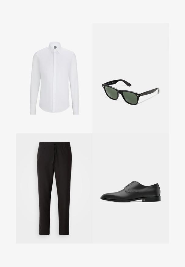 Fehér, hosszú ujjú, gombos ing hegyes gallérral, sima anyagból készült, elülső gombolással és lekerekített hemrésszel.; Fekete jogger nadrág sima anyagból. Rugalmas derekú, húzózsinórral, tapered lábakkal és látható zsebek nélkül készül. Egyszerű dizájn.; Fekete bőr dresszcipő, lekerekített orral, ötlyukú fűzős kialakítással, sima felülettel és alacsony, lapos sarokkal.; Fekete műanyag napszemüveg zöld lencsékkel, négyzet alakú kerettel, ezüst díszítéssel a keret felső részén, valamint texturált szárakkal. A márka neve a belső száron található.