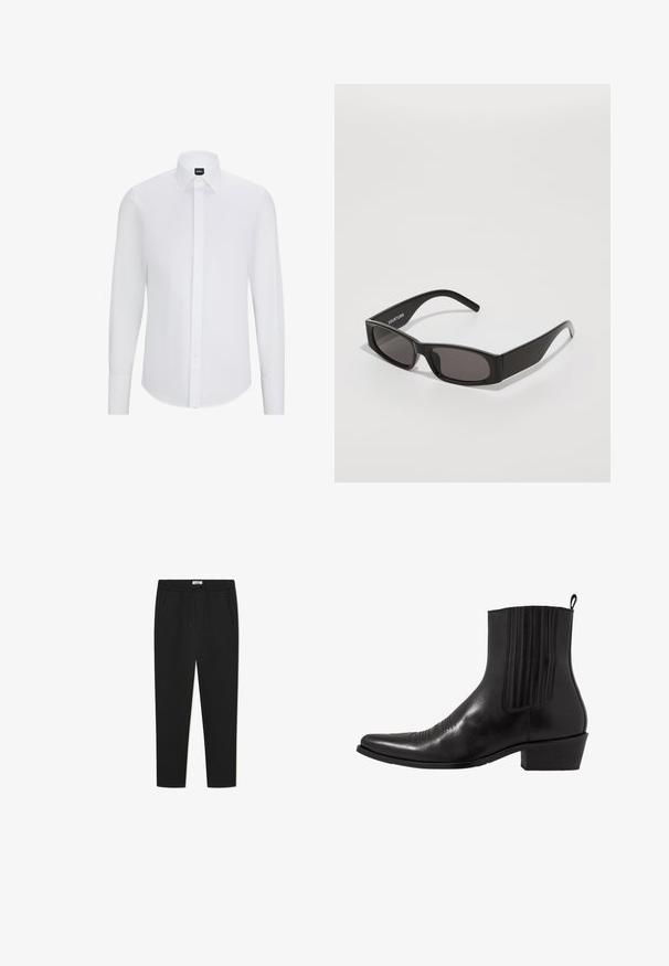 Witte langemouw overhemd met knopen en een spitse kraag, gemaakt van gladde stof, met een voorflap en een ronde zoom.; Zwarte sweatpants van zachte stof, met een elastische tailleband met trekkoord, twee zijzakken en een taps toelopend ontwerp.; Zwarte leren enkellaarzen met een spitse neus, elastische zijpanele, verticale stiksels en een lage blokhak.; Zwarte rechthoekige zonnebril met donkere glazen, een gladde plastic montuur en een subtiel logo op de linkerarm. Minimalistisch ontwerp.