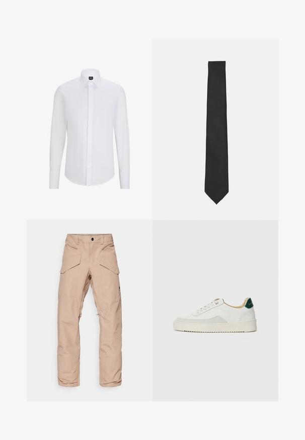 Camisa blanca de manga larga con botones y cuello puntiagudo, hecha de tela suave, con tapeta frontal y dobladillo redondeado.; Pantalones cargo beige claro con tejido resistente al agua, que cuentan con múltiples bolsillos, rodillas reforzadas y una parte inferior de pierna con cremallera para ajustabilidad.; Zapatilla blanca con acentos de ante, puntera redondeada, cordones planos y suela de goma color crema. Presenta un logo verde en el talón.; Pajarita de tela lisa, con una forma delgada y alargada, con punta puntiaguda y sin patrones ni acentos visibles.