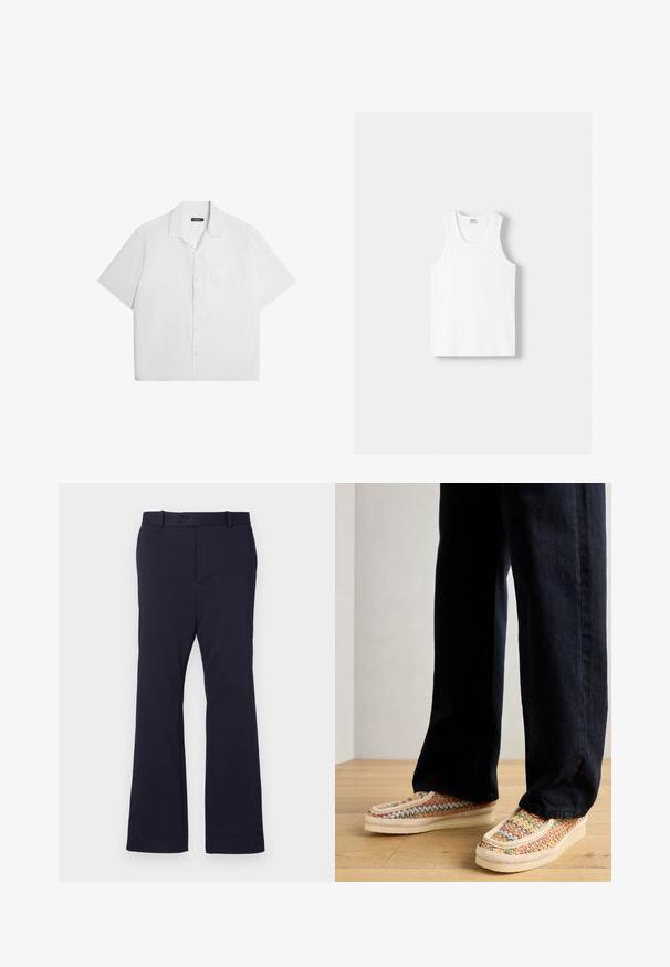 Chemise blanche à manches courtes, texture douce, devant à boutons, col étalé, poche poitrine simple, design décontracté et ample. Unie sans motifs.; Débardeur en coton blanc avec un col rond, de larges bretelles et un ourlet droit, présentant une texture lisse et sans motifs visibles.; Pantalon bleu marine en tissu lisse avec un design à jambe droite, poches avant et fermeture par un bouton unique à la taille.; Des chaussures à enfiler tissées multicolores avec une semelle de couleur crème, accentuées par une bande texturée et des coutures contrastantes, associées à un pantalon noir.