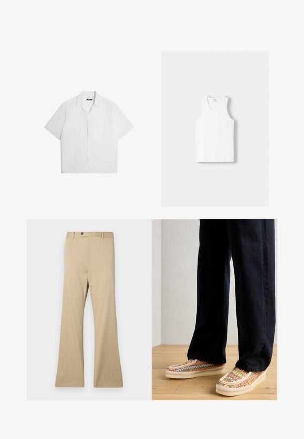 Camicetta bianca a maniche corte, texture morbida, chiusura con bottoni, colletto aperto, taschino sul petto, design casual e svasato. Semplice, senza fantasie.; Canotta bianca in cotone con scollatura rotonda, spalline larghe e orlo dritto, caratterizzata da una superficie liscia e senza motivi visibili.; Pantaloni beige a zampa d'elefante realizzati in tessuto liscio. Presentano una chiusura con bottone, tasche frontali e una vestibilità sagomata sui fianchi che si allarga fino a una gamba ampia.; Scarpe slip-on intrecciate multicolori con suola color crema, accentuate da una fascia texturizzata e cuciture a contrasto, abbinate a pantaloni scuri.