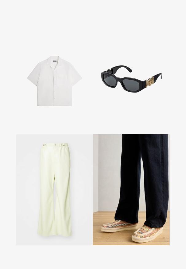 Trumpas rankovės baltas marškinys, minkšta tekstūra, mygtukų priekyje, platus apykaklė, vienas krūtinės kišenė, kasdieniškas laisvas dizainas. Vienodas, be raštų.; Šviesiai žali plačiakojai kelnės, pagamintos iš lygaus, šiek tiek blizgaus audinio. Su mygtuku ir elastinga juosmens juosta, turi švarų, pritaikytą dizainą.; Daugiaspalviai nertiniai tapkės su kremine spalvos padu, akcentuotos tekstūruota juosta ir kontrastinėmis siūlėmis, derinamos su tamsiomis kelnėmis.; Juodi saulės akiniai su stambiu geometriniu rėmeliu, tamsiais lęšiais ir aukso metalinėmis detalėmis ant šventyklių, turintys apvalią emblemos detalę.