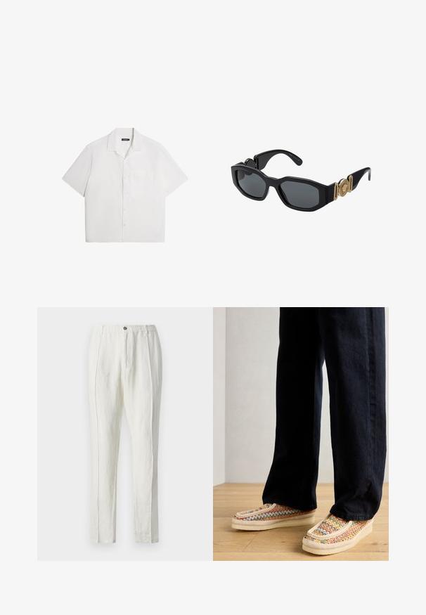 Kratka piedurkne balta krekla, maiga tekstūra, pogu priekšpuse, izklāta apkakle, viena krūšu kabata, ikdienas kasteveida dizains. Vienkrāsains bez rakstiem.; Bāli balti lina bikses ar brīvu piegriezumu, ar auklu viduklī, diviem priekšējiem krokām un taisnām kājām. Gluda tekstūra un minimālists dizains.; Multikoloru aušanas apavi bez aizdara ar krēmbaltu zoli, akcentēti ar teksturētu joslu un kontrastējošu šuvju, apvienoti ar tumšām biksēm.; Melni saulesbrilles ar masīvu ģeometrisku rāmi, tumšiem lēcām un zeltītām metāla akcentiem uz tempļiem, kas rotātas ar apaļu emblēmu.