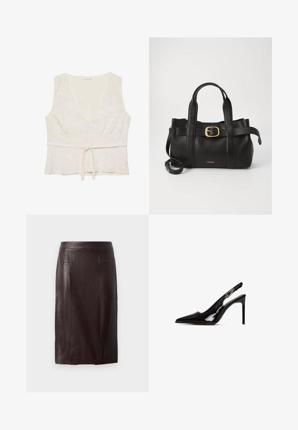 Bijela lanena bluzica s V-izrezom, blago nabranim strukom i vezivanjem sprijeda. Sadrži laganu cvjetnu vezu po cijelom komadu. Bez rukava.; Smeđa kožna suknja do koljena s glatkom teksturom, visokim strukom i dva prednja džepa.; Crne lakirane kožne sandale s potpeticom s izrezom i šiljatim nosom. Imaju potpeticu u obliku stilettoa i prilagodljivu traku s metalnim dijelovima.; Crna kožna torba s strukturiranim dizajnom, dvostrukim gornjim ručkama, zlatnim kopčom kao naglaskom i utisnutim logotipom marke sprijeda.