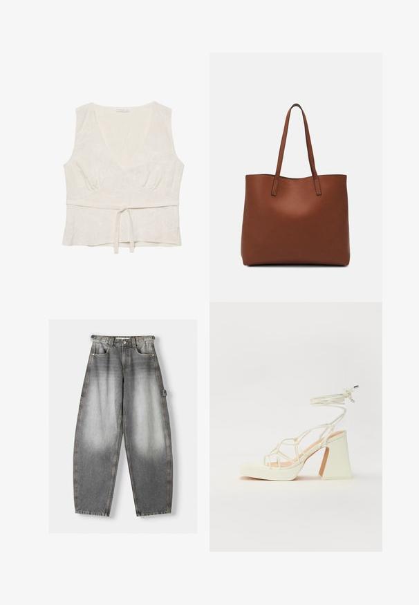 Biely ľanový top s výstrihom do V, mierne zhromaždeným pásom a viazaním vpredu. Obsahuje jemnú kvetinovú výšivku po celom povrchu. Bezrukávový dizajn.; Šedé deninové nohavice s vyblednutým dizajnom, širokými nohavicami a prešitými detailmi. Vybavené prednými vreckami a bočnými popruhmi.; Biele sandále na vysokom opätku s hrubým podpätkom, s pruhovaným dizajnom a viazaním na členku. Hladký povrch s platformou vpredu pre zvýšenú výšku.; Hnedá kožená taška na rameno s hladkou textúrou, otvoreným vrchom a dvoma ramenými popruhmi. Má minimálne šitia a žiadne viditeľné kovania.