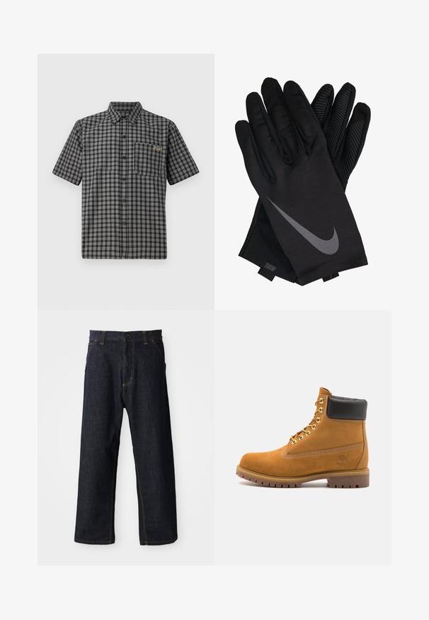 Košulja kratkih rukava u crno-bijelom kariranom uzorku, s ovratnikom na dugmad, prednjim džepom i malom etiketom na grudima.; Tamno plave traperice ravnog kroja, s žutim šavovima, prednjim džepovima i kopčanjem na gumbu u struku.; Antracitne antilop čizme do gležnjeva s crnim podstavljenim ovratnikom, zlatnim metalnim rupicama, bijelim šavovima i robusnom gumenom potplatom s izraženim šarama.; Crne Nike rukavice s glatkom tkaninom, koje imaju sivi swoosh logo i teksturiranu površinu na dlanu i prstima.