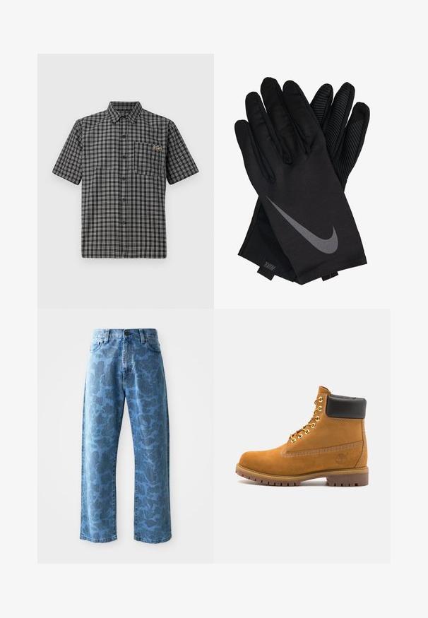 Korte mouw shirt in zwart-wit ruitpatroon, met een button-down kraag, een voorzak en een klein label op de borst.; Lichtblauwe denim jeans met een subtiel ton-sur-ton bloemenpatroon, wijde pijpen, vijf zakken en een knoopsluiting bij de tailleband.; Tan suède enkelboot met zwart gevoerd kraagje, gouden metalen oogjes, witte stikdetails en een robuuste rubberen zool met uitgesproken profiel.; Zwarte Nike-handschoenen met een gladde stofafwerking, voorzien van een grijze swoosh-logo en een gestructureerde grip op de palm en vingers.