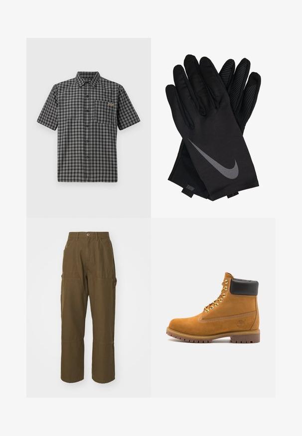 Fekete-fehér kockás rövidujjú ing, gombolható gallérral, elülső zsebbe és egy kis címkével a mellkasán.; Barna tehernadrág, strapabíró pamut keverékből készült, nagyméretű oldalsó zsebekkel, laza szabással és egyenes lábformával, amelyen látható varrás található.; Barna velúr bokacipő fekete párnázott gallérral, arany fém fűzőlyukakkal, fehér varrási részletekkel és durva gumitalppal, amelynek kifejezett barázdái vannak.; Fekete Nike kesztyűk sima szövetborítással, szürke swoosh logóval és texturált tapadással a tenyéren és az ujjakon.