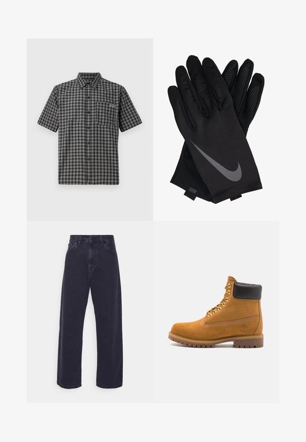 Košulja kratkih rukava u crno-bijelom kariranom uzorku, s ovratnikom na dugmad, prednjim džepom i malom etiketom na grudima.; Tamne traperice tamnog pranja sa širokim krojem, visokim strukom i dizajnom od pet džepova. Ima klasično kopčanje na dugme i patentni zatvarač.; Antracitne antilop čizme do gležnjeva s crnim podstavljenim ovratnikom, zlatnim metalnim rupicama, bijelim šavovima i robusnom gumenom potplatom s izraženim šarama.; Crne Nike rukavice s glatkom tkaninom, koje imaju sivi swoosh logo i teksturiranu površinu na dlanu i prstima.