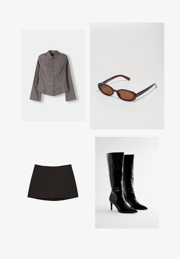 Gestreiftes Hemd in Braun und Weiß, mit langen Ärmeln, spitzem Kragen und abgerundetem Saum. Strukturierter Stoff mit vertikalen Streifen.; Schwarzer Minirock aus glattem Stoff, mit geradem Schnitt, Seitenschlitzen und sauberem Saum. Einfach und vielseitig.; Schwarze kniehohe Stiefel aus glänzendem Leder, mit spitzen Zehen und einem schlanken, hohen Absatz. Enthält einen subtilen metallischen Akzent an der Seite.; Runde, braun getönte Sonnenbrillen mit einem glänzenden burgunderfarbenen Rahmen. Schlanke Bügel mit dezentem Branding. Flaches Linsendesign.