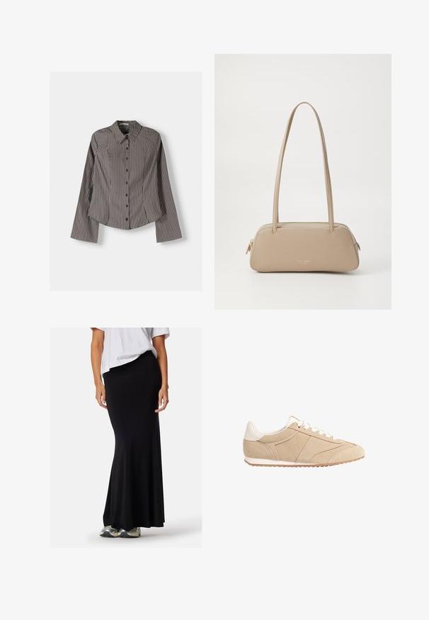 Gestreept overhemd in bruin en wit, met lange mouwen, een puntige kraag en een afgeronde zoom. Gestructureerde stof met verticale strepen.; Zwarte stretchy maxirok, strakker bij de taille, uitlopend aan de onderkant. Gecombineerd met een losse witte top en grijze sportschoenen.; Stradivarius Sneakers laag - beige; Beige leren handtas met een gladde textuur, rechthoekige vorm, twee handgrepen en gouden hardware. Heeft een ritssluiting aan één kant.
